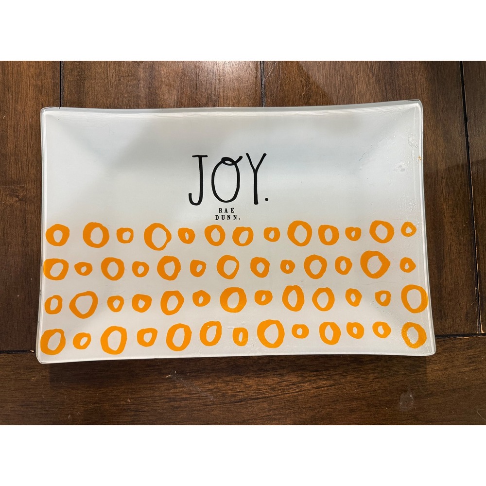 Rae Dunn Joy Glass Tray Rectangular White Orange Circles Farmhouse Decor
